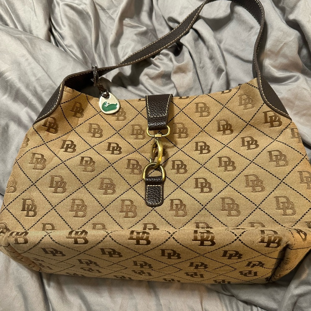 Dooney & Bourke Tan and Brown Shoulder Bag with Monogram Design